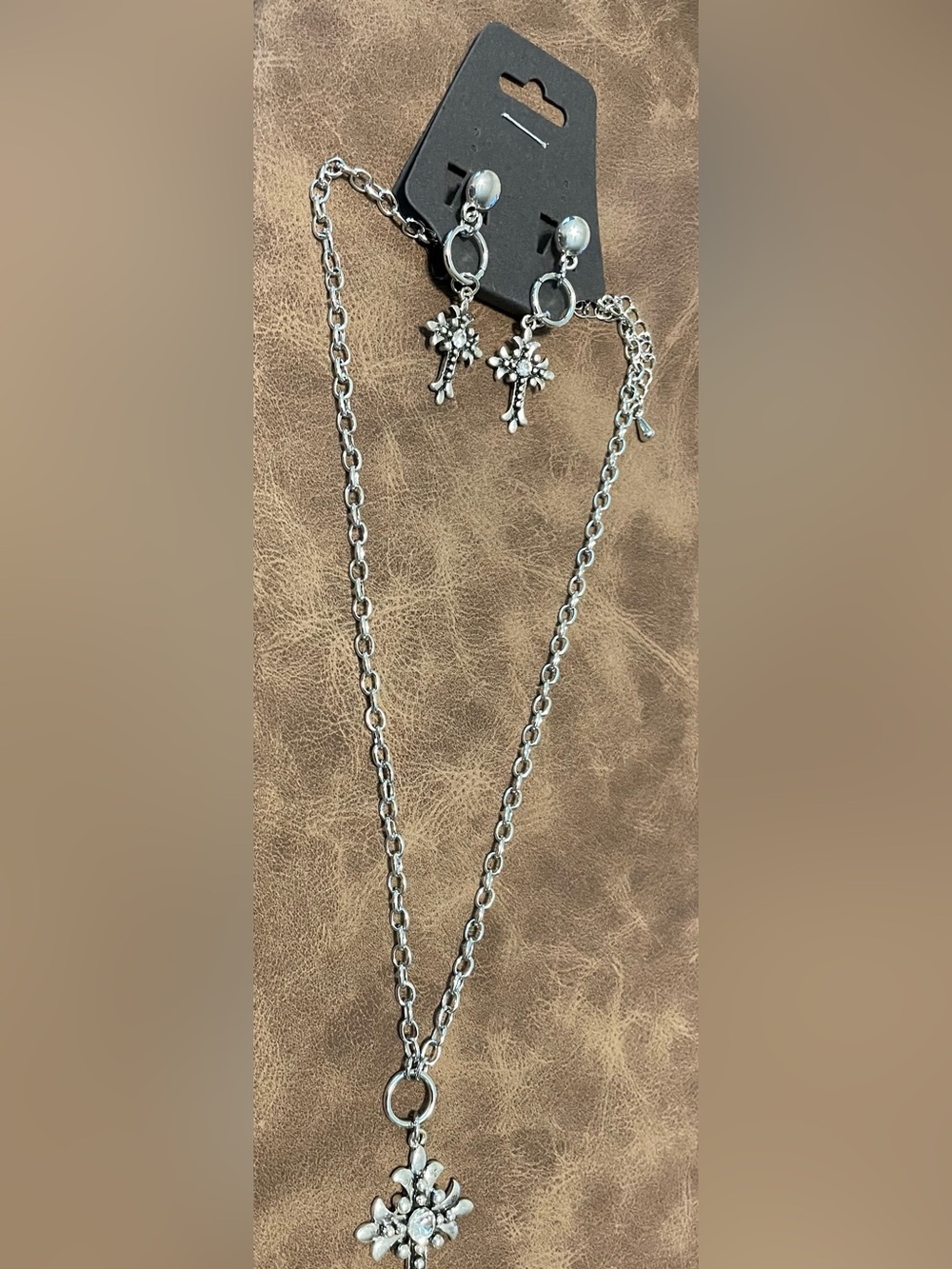 Silver Floral Cross Pendant Necklace and Earrings Set - Silver